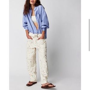 Free People Painter Pants Ecru Belt Relaxed Fit Baggy Oversized Splatter Paint